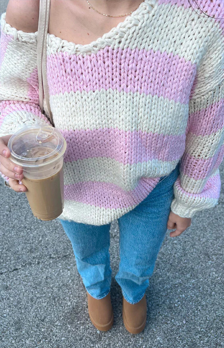 Delvey Striped Chunky Knit Sweater | Pink