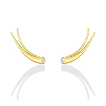 14k gold Curved Quill Climber Earrings with diamond on white background