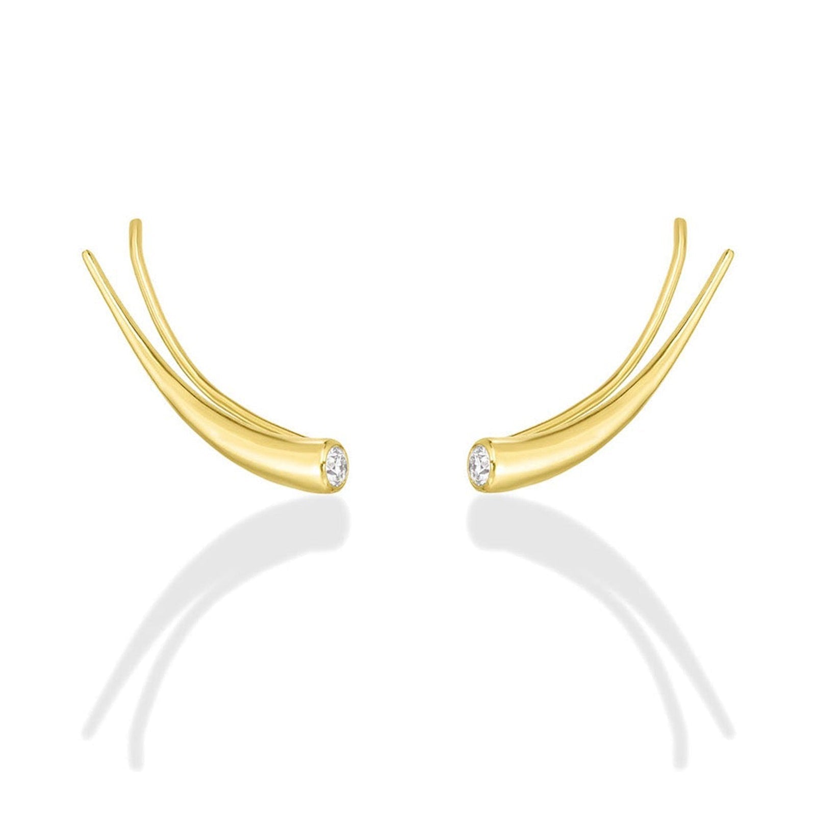 14k gold Curved Quill Climber Earrings with diamond on white background
