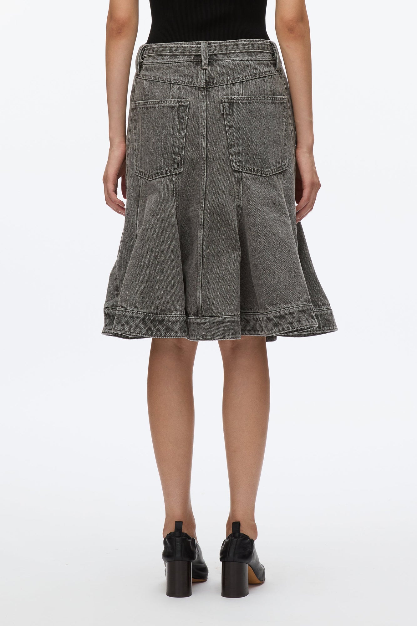 Flounce Hem Belted Denim Skirt | Washed Grey