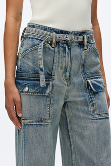 Cargo Wide Leg Belted Jeans | Washed Indigo