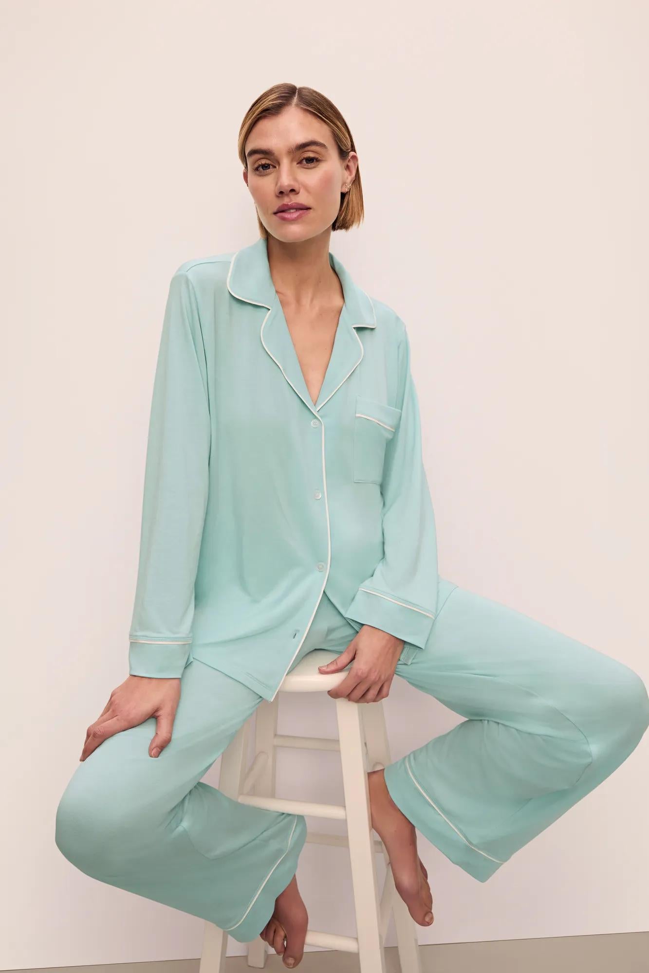 Model is wearing Gisele Tencel Modal Long Pj Set in Canal Blue/Ivory