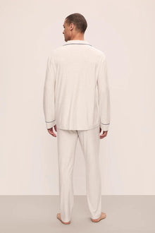 Model is wearing William Printed TENCEL Modal Long PJ Set in Heritage Stripe Light Heather Grey/Peppercorn