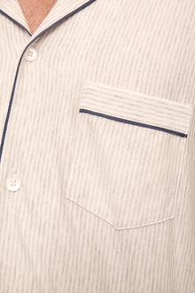 Model is wearing William Printed TENCEL Modal Long PJ Set in Heritage Stripe Light Heather Grey/Peppercorn