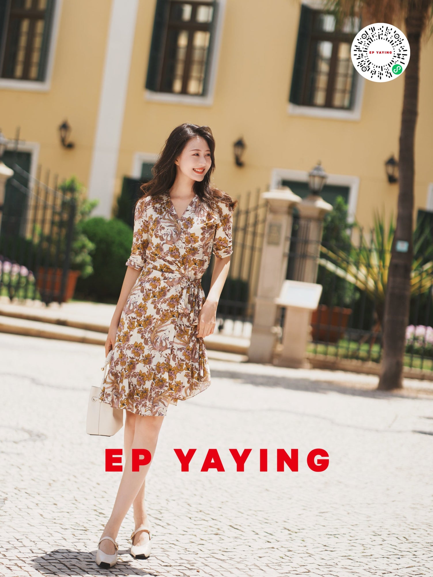 V-Neck Floral Print Puff-Sleeve Silk Dress | Yellow