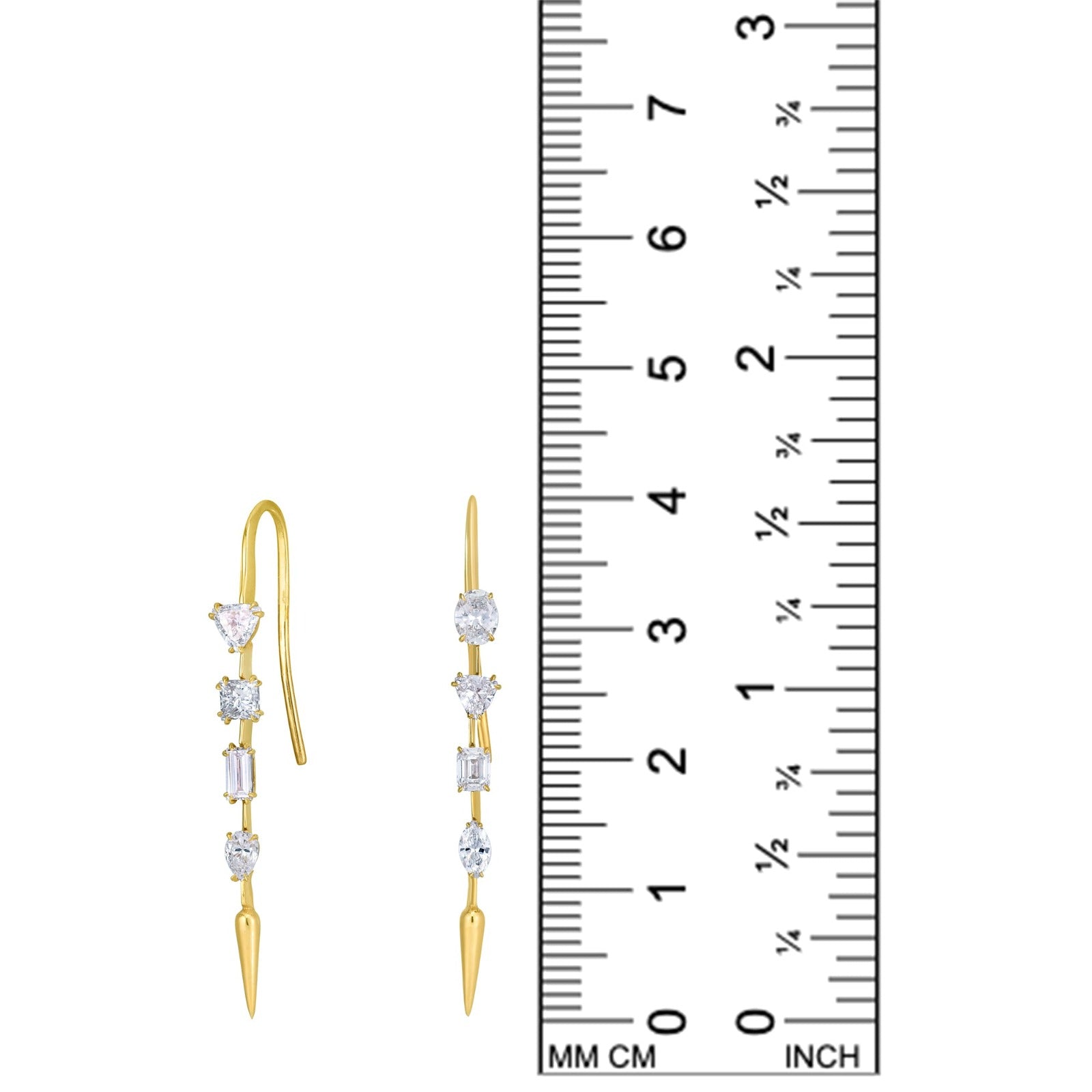 14k gold Diamond Drop Earrings with emerald cut, cushion cut, trillion cut, Pear cut, baguette cut diamonds on a white background with ruler measuring, 4 inches tall