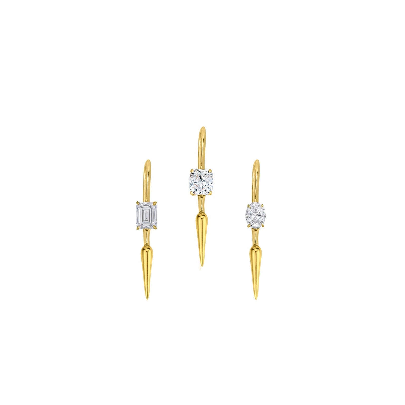 14k gold Single Diamond Drop Earrings in emerald, oval and cushion cut on a white background
