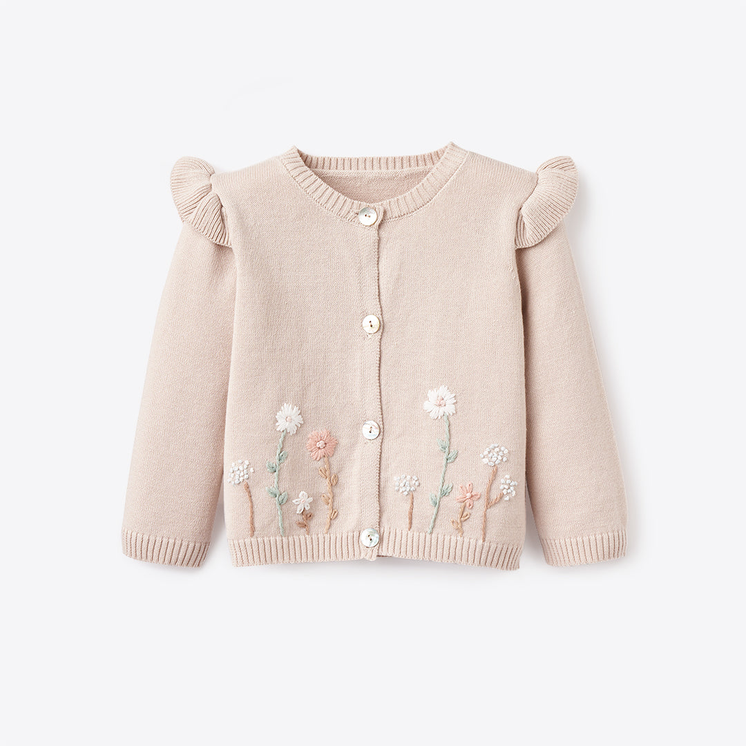 Girls | Taupe Flutter Sleeve Hand-Embroidered Baby Cardigan | Taupe