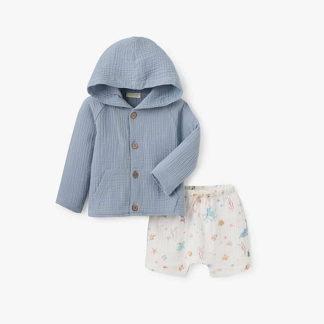 Boys | Ocean Adventure Organic Muslin Short & Hoodie Set | Blue