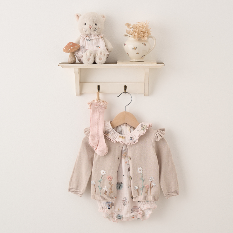 Girls | Taupe Flutter Sleeve Hand-Embroidered Baby Cardigan | Taupe