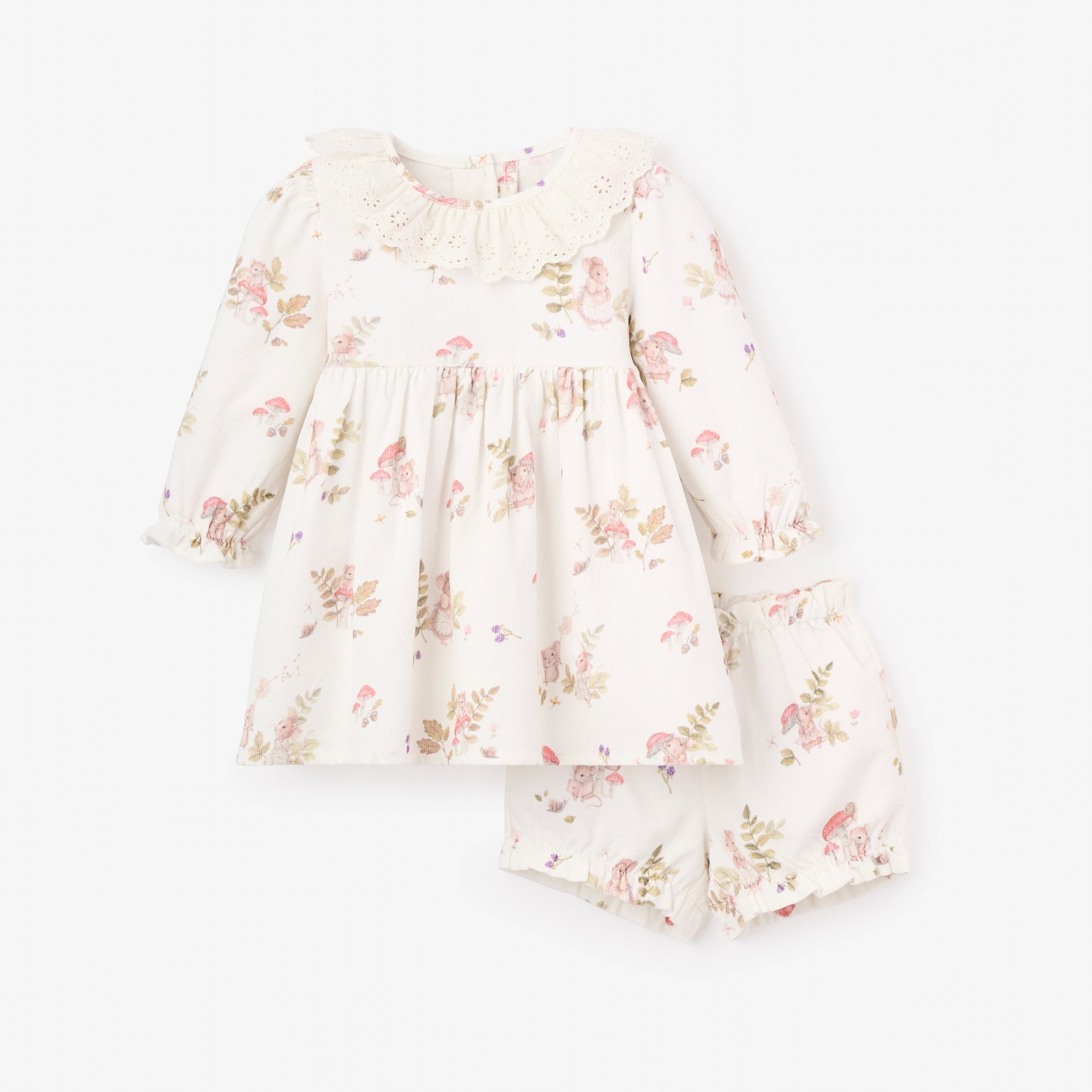 Girls | Magical Mouse Print Mini Cord Lace Collar Dress + Bloomer Set | White