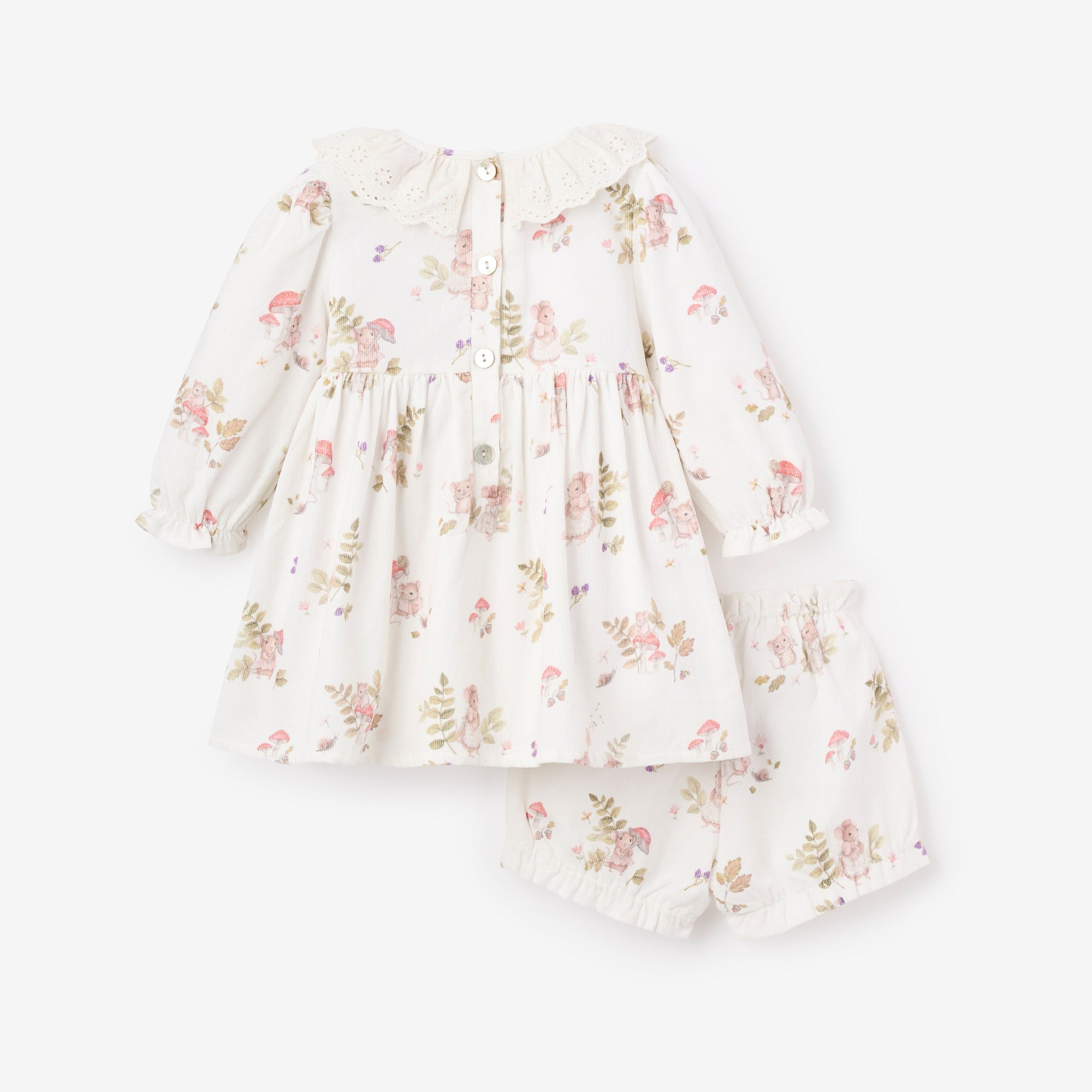 Girls | Magical Mouse Print Mini Cord Lace Collar Dress + Bloomer Set | White