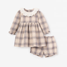 Girls | Neutral Plaid Eyelet Collared Dress + Bloomer | Gray