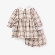 Girls | Neutral Plaid Eyelet Collared Dress + Bloomer | Gray