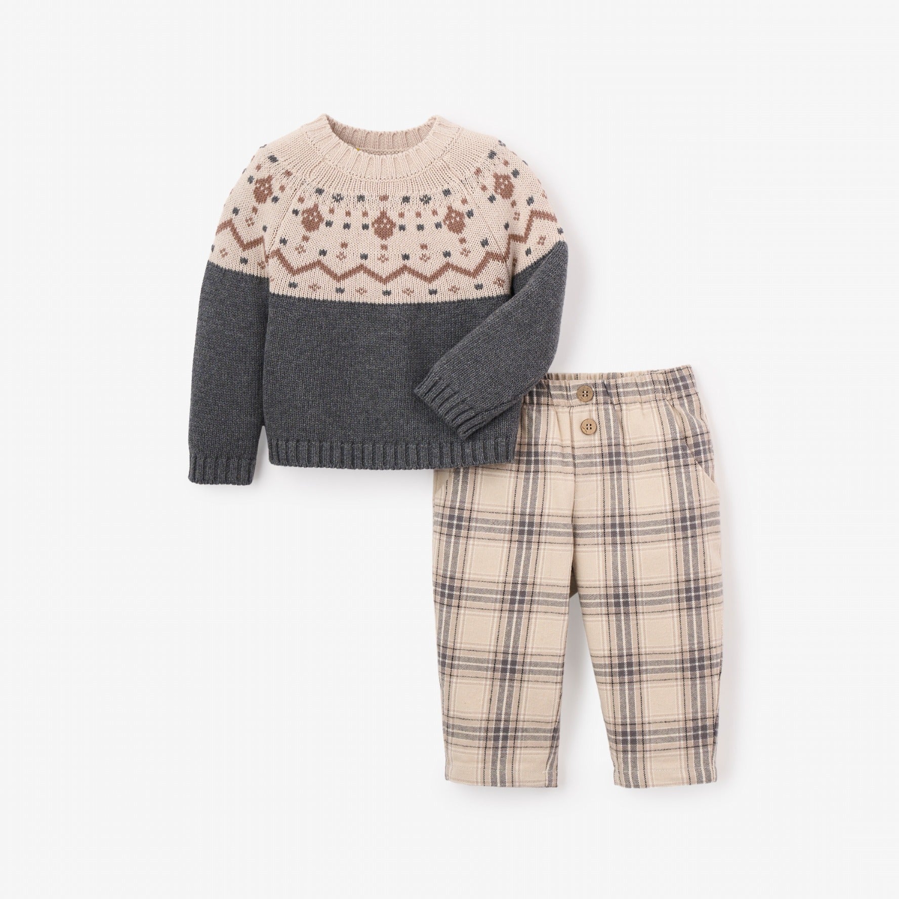 Boys | Charcoal Fairisle Sweater + Plaid Pant Set | Dark Gray