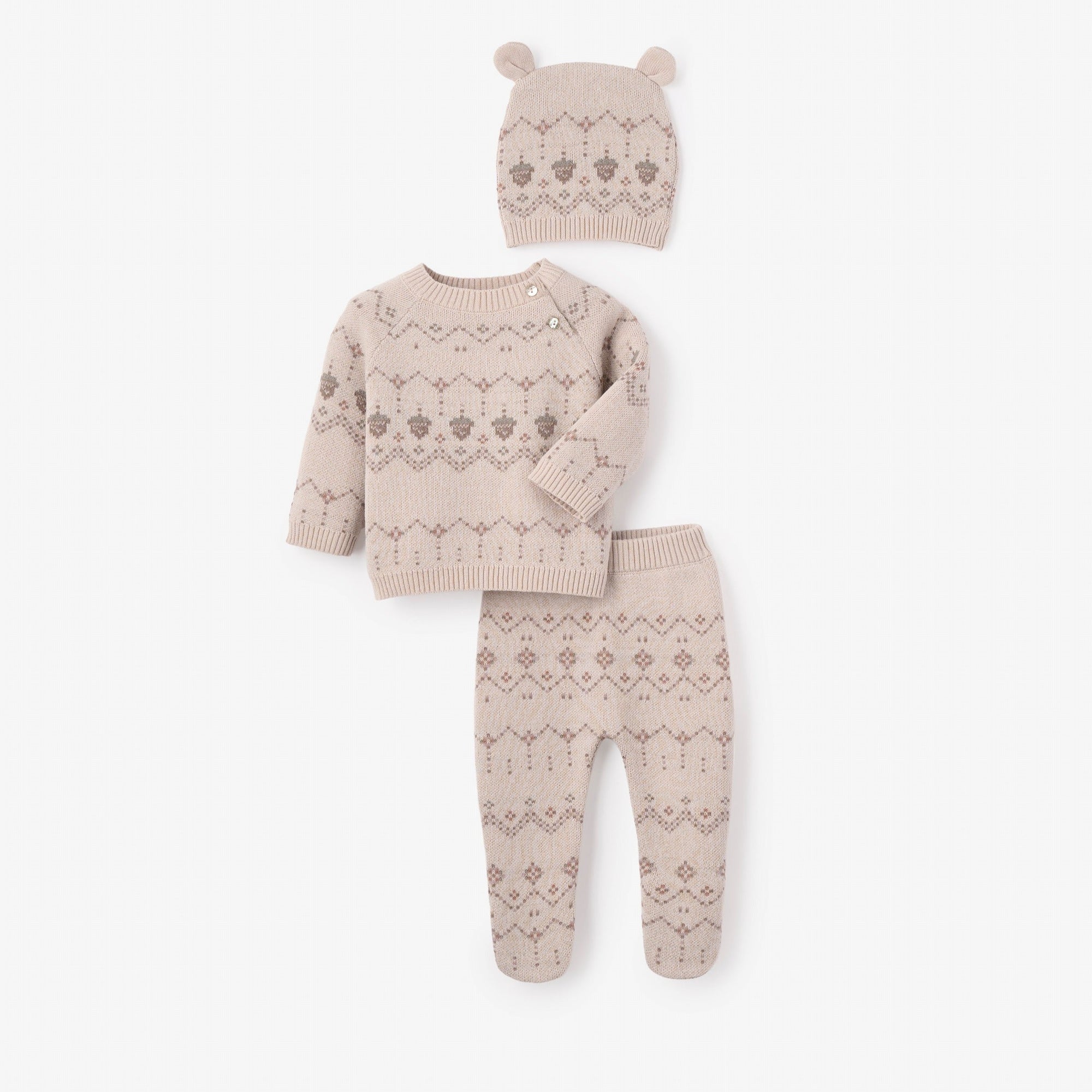 Unisex | Acorn Fairisle Sweater, Footed Pant + Hat Set 3pc | Taupe