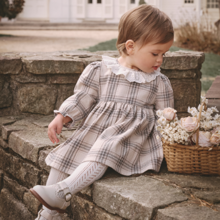 Girls | Neutral Plaid Eyelet Collared Dress + Bloomer | Gray