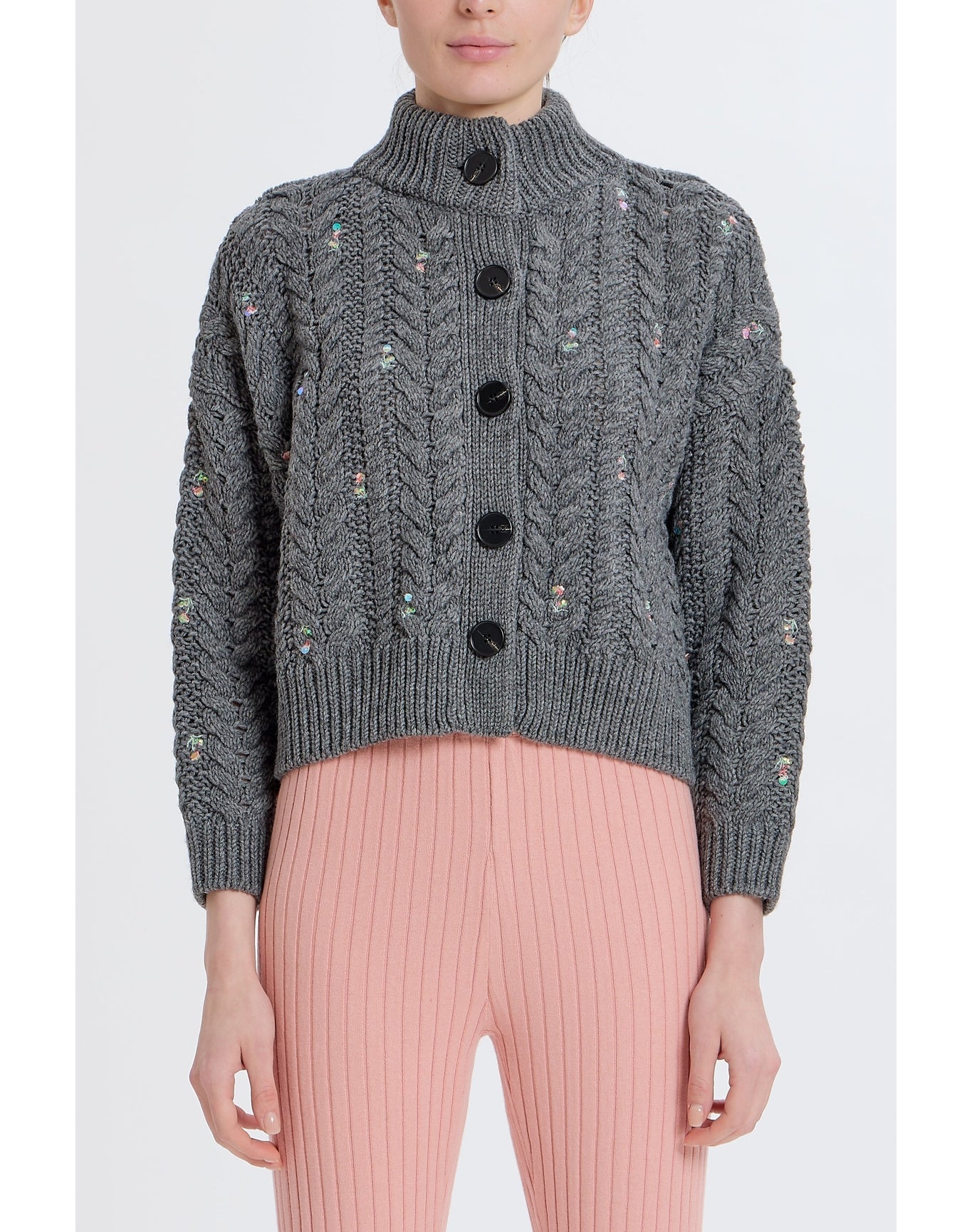 Embellished Cableknit Cardigan | Charcoal