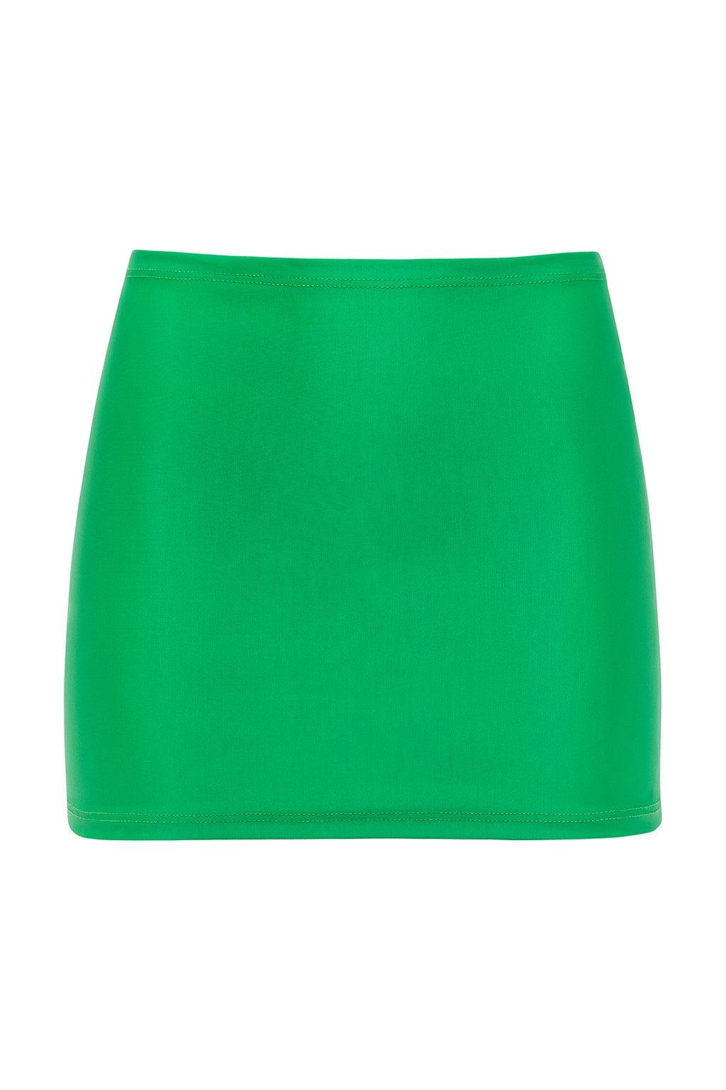 Green micro skirt with shimmer finish and elastic waistband.