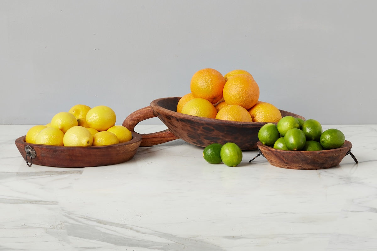 Vintage Wood Bowl with Iron Handle | Natural | Small