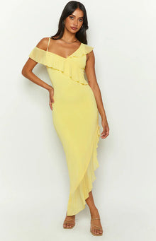 Everleene Ruffle Mesh Midi Dress | Yellow