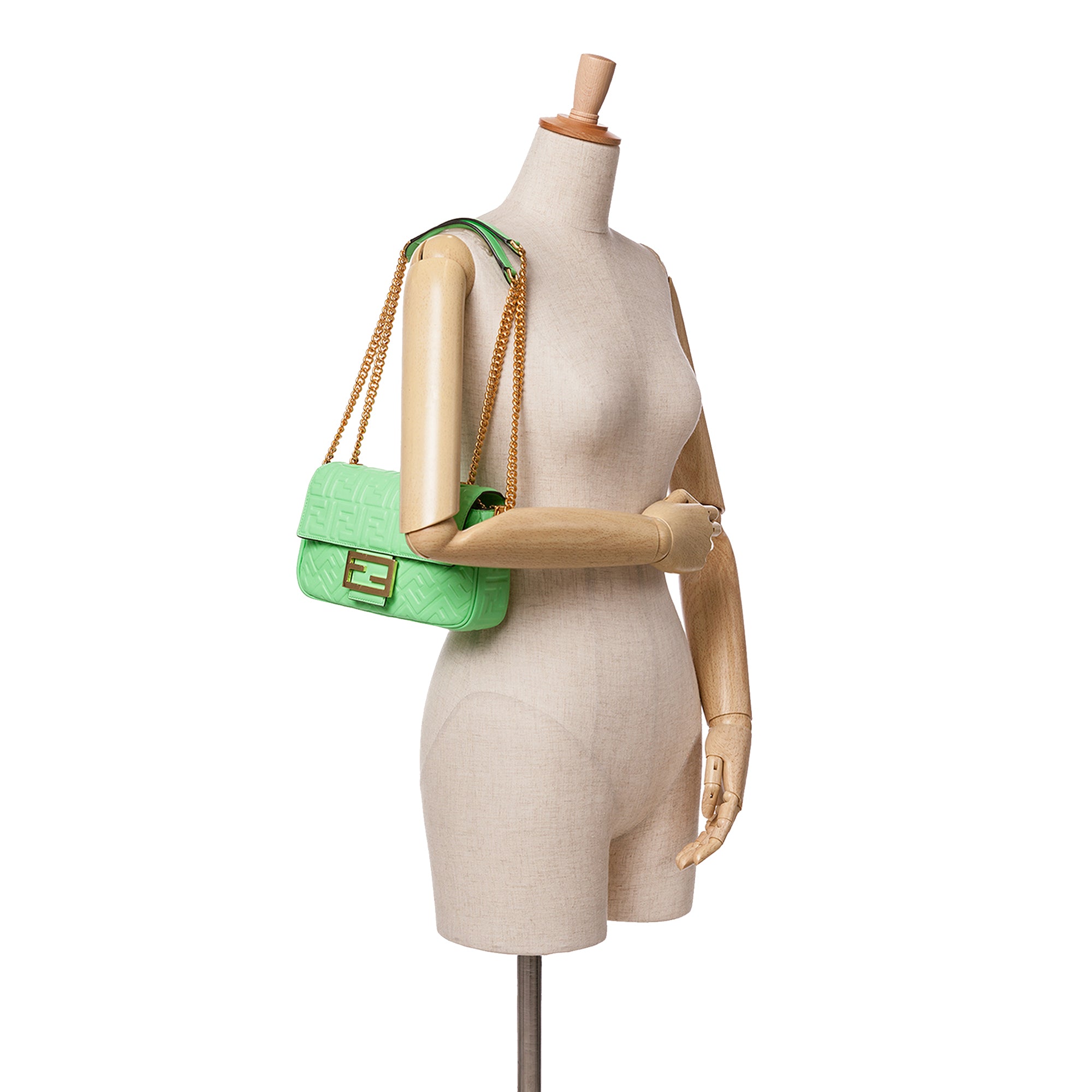 Fendi | Pre-Owned Zucca Embossed Leather Chain Midi Baguette - IV | Green/Light Green