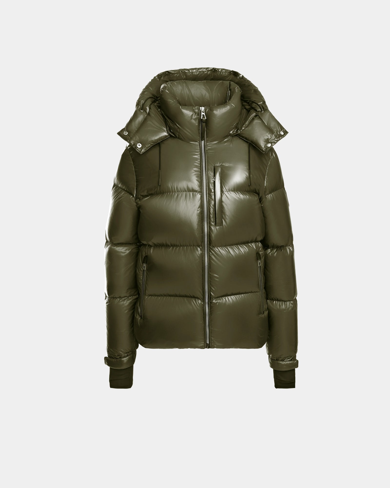 The Rudsak ASHLYN S - 8124565 womens down puffer jacket in Loden Green features RDS-certified down, a front zipper, high collar, hood, and chest pocket, shown against a plain light gray background.