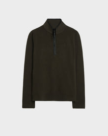 The BECK - 6524538 Army by Rudsak is a men’s dark brown fleece pullover with a stand collar, black half-zip closure, vegan leather trims, two front pockets, and minimalist style, shown against a plain white background.