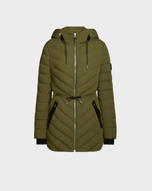 The FRANCINE - 8124722 Loden Green by Rudsak is a women’s light down puffer jacket with hood, front zipper, black drawstring waist and zippered pockets, made with RDS-certified down. Shown on a plain light background.