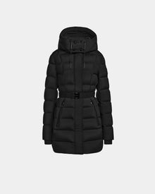 The FRIDA M - L124524 Black by Rudsak is a black, knee-length quilted down jacket with a removable hood, front zipper, belted waist, and two front pockets, shown against a plain light background.