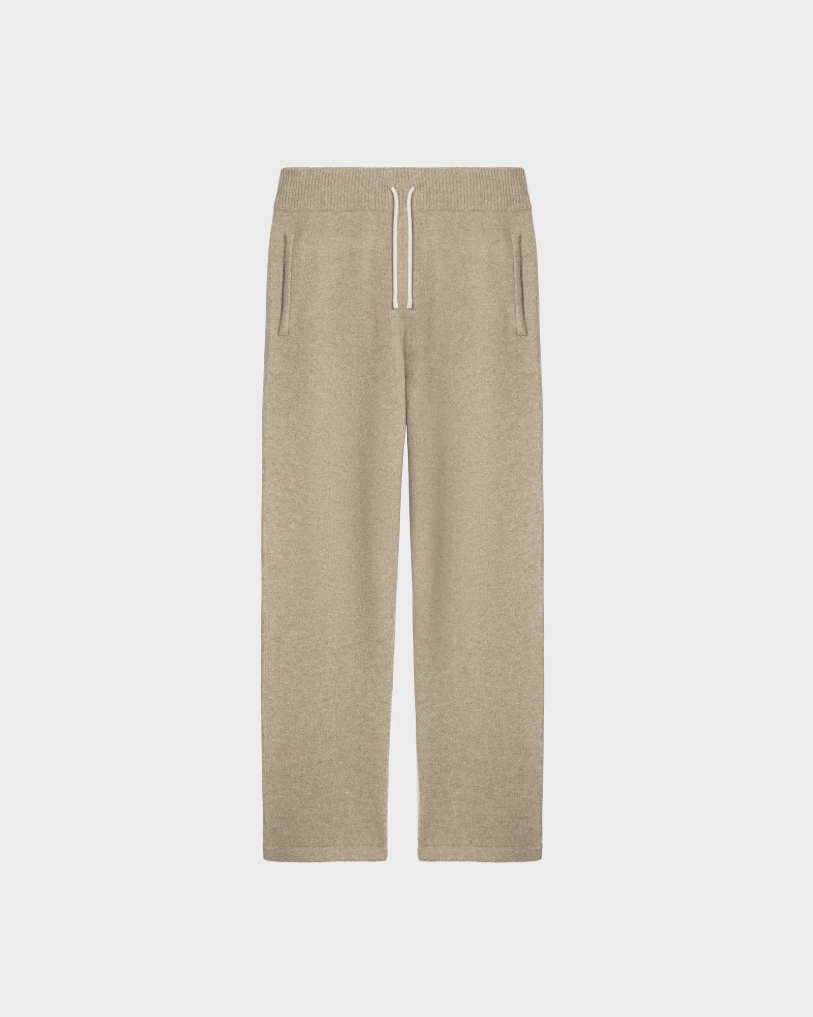 The Rudsak GEIGER - 9524512 Camel M lounge pants feature a relaxed fit, elastic waistband, white drawstring, and two side pockets, shown flat on a plain white background.