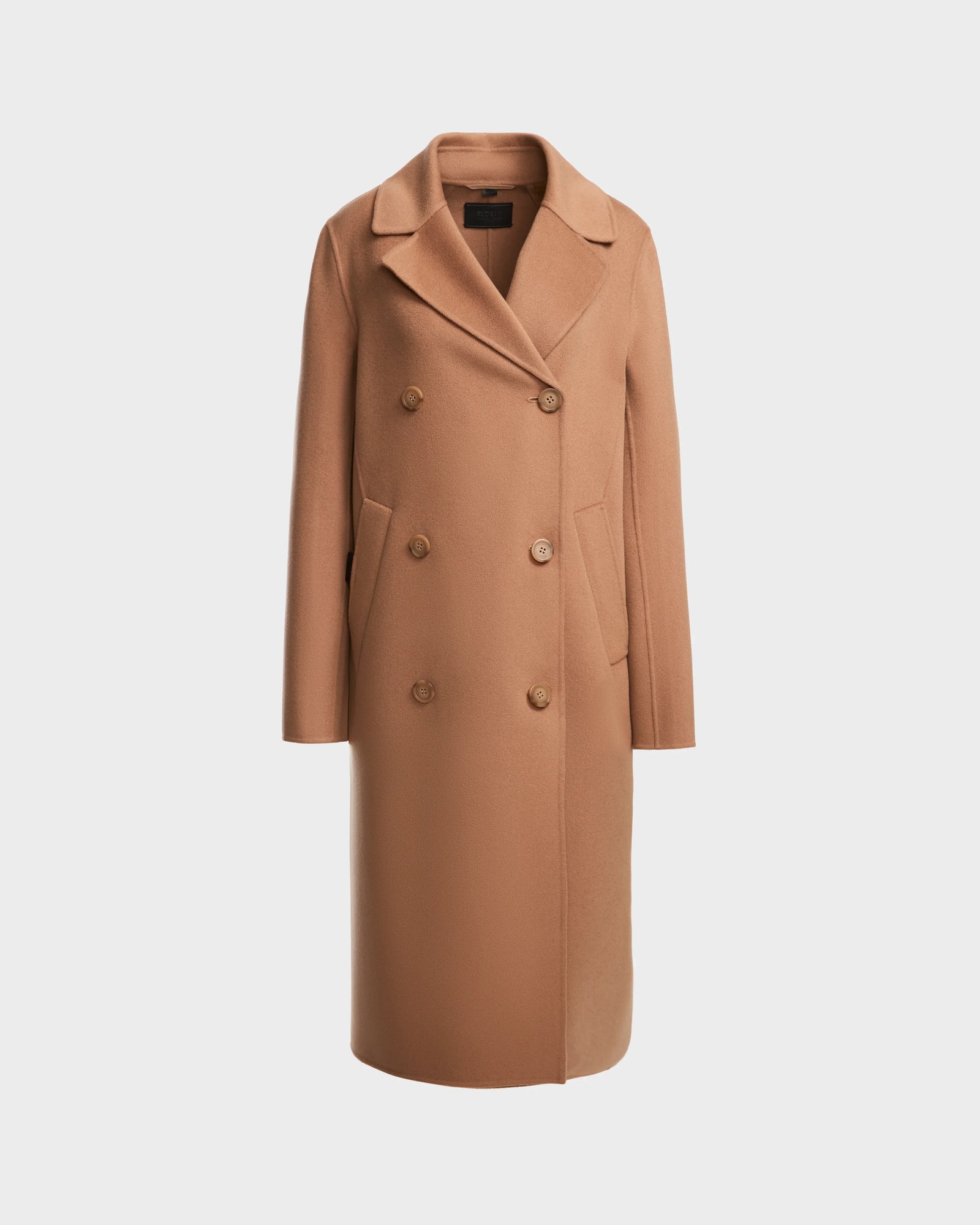 The Rudsak LAYLAH - 8124699 Camel is a knee-length women’s wool coat with wide lapels, double-breasted front, four buttons, and two side pockets, shown on a plain white background.