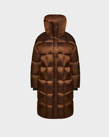 The Rudsak SASH R - 8124543 in Antique Bronze is a womens long down puffer coat with RDS-certified down, a large hood, and unique quilting. Shown from the back on a white background, this stylish winter coat offers warmth and comfort.