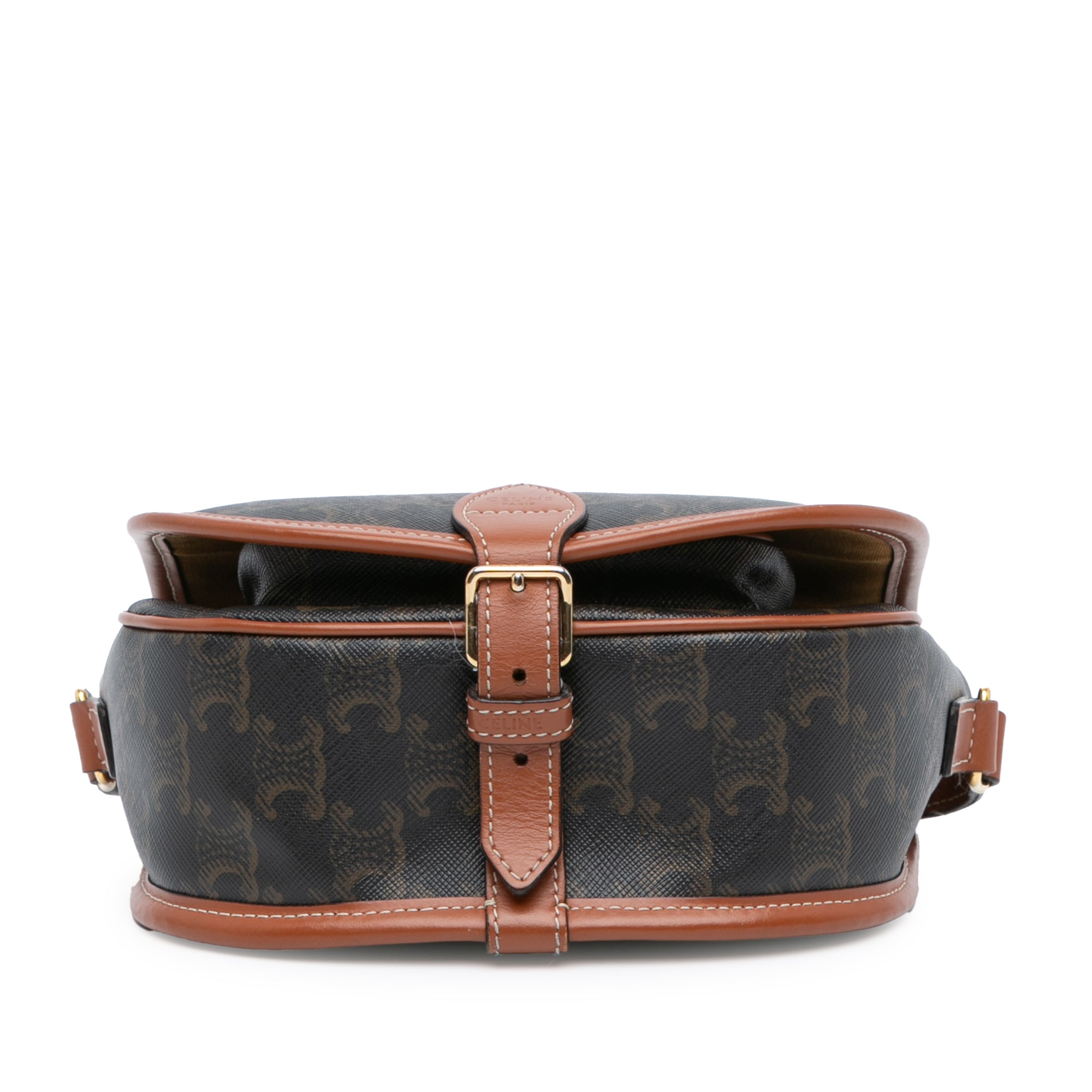 Celine | Pre-Owned Medium Triomphe Coated Canvas Folco Crossbody - II | Caramel/Dark Brown