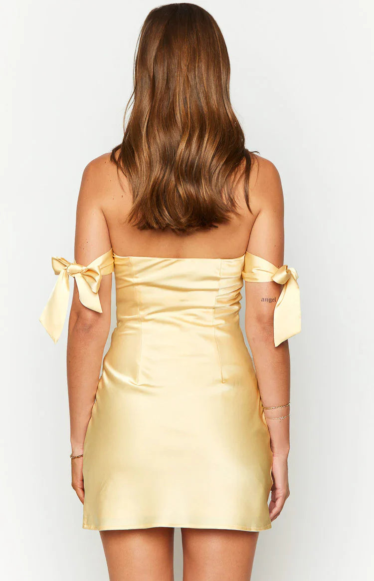 Fleur Satin Bow Off Shoulder Mini Dress | Yellow