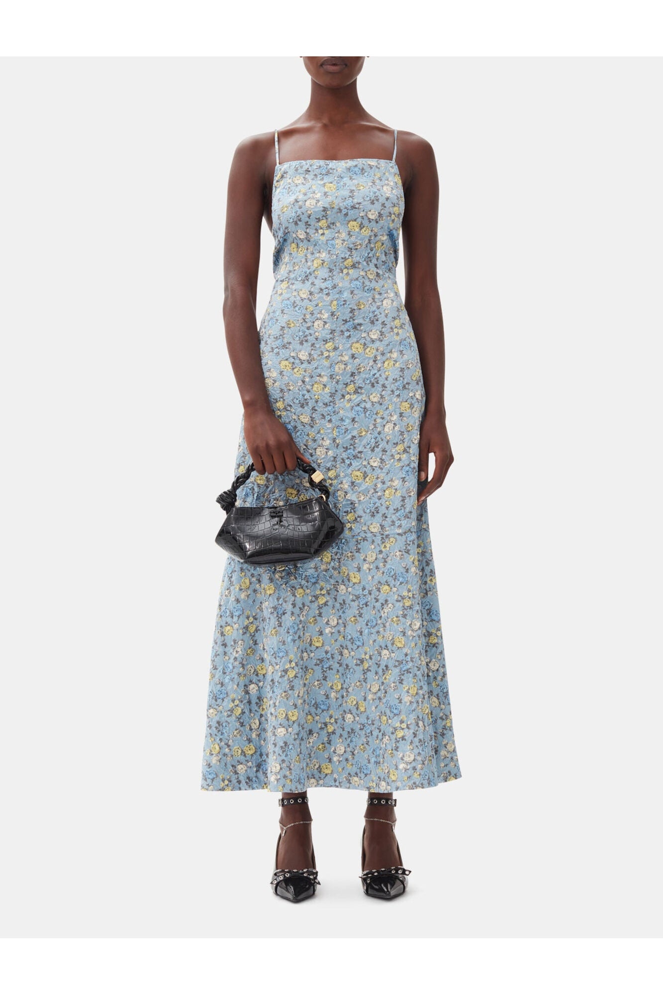 Floral Crinkled Satin Long Dress | Dusty Blue