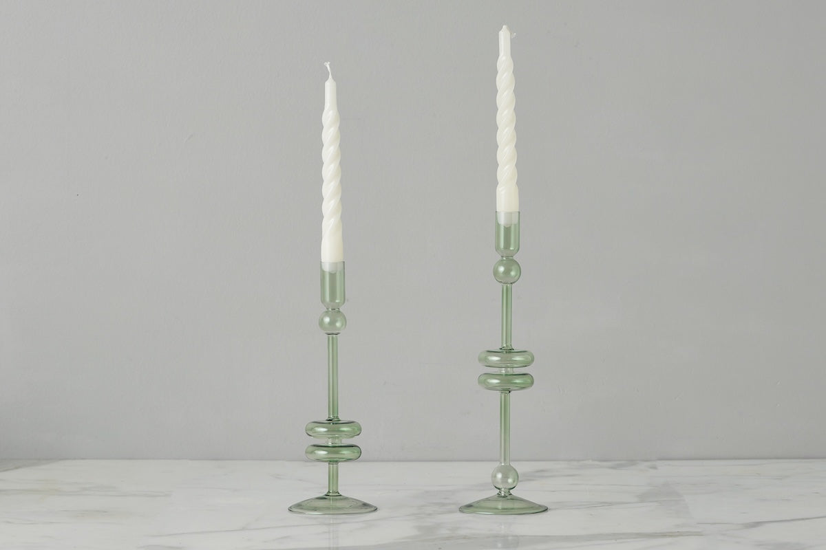 Glass Candlestick | Sage | Large | Set of 2