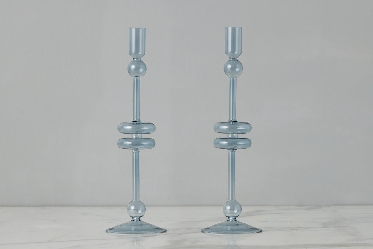 Glass Candlestick | Denim | Large | Set of 2