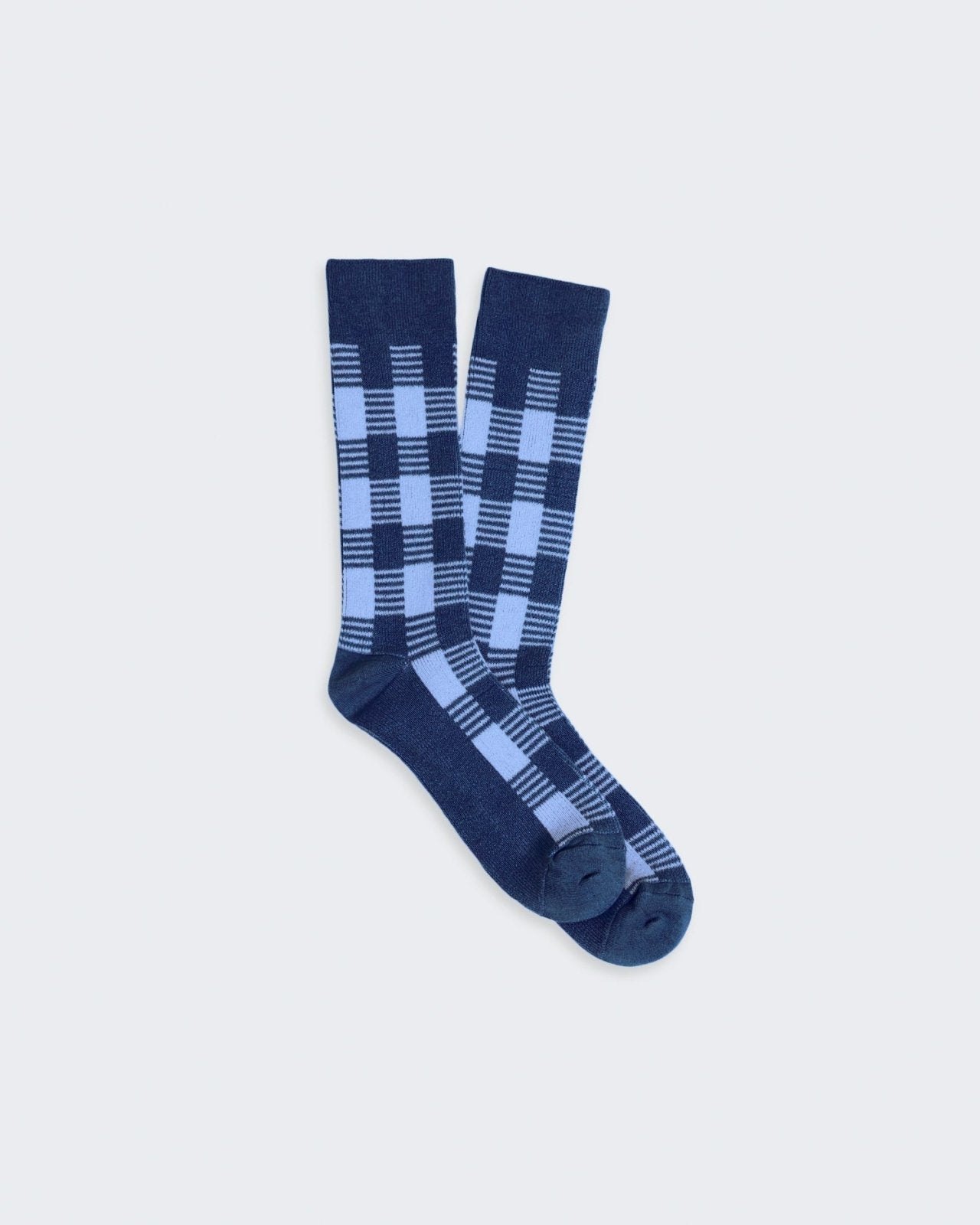 Gingham Socks - Midnight/French Blue women's socks with two-color jacquard gingham pattern in silk linen blend