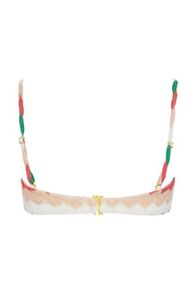 Beige and white bikini top with red and green striped shoulder straps and gold clasp closure.