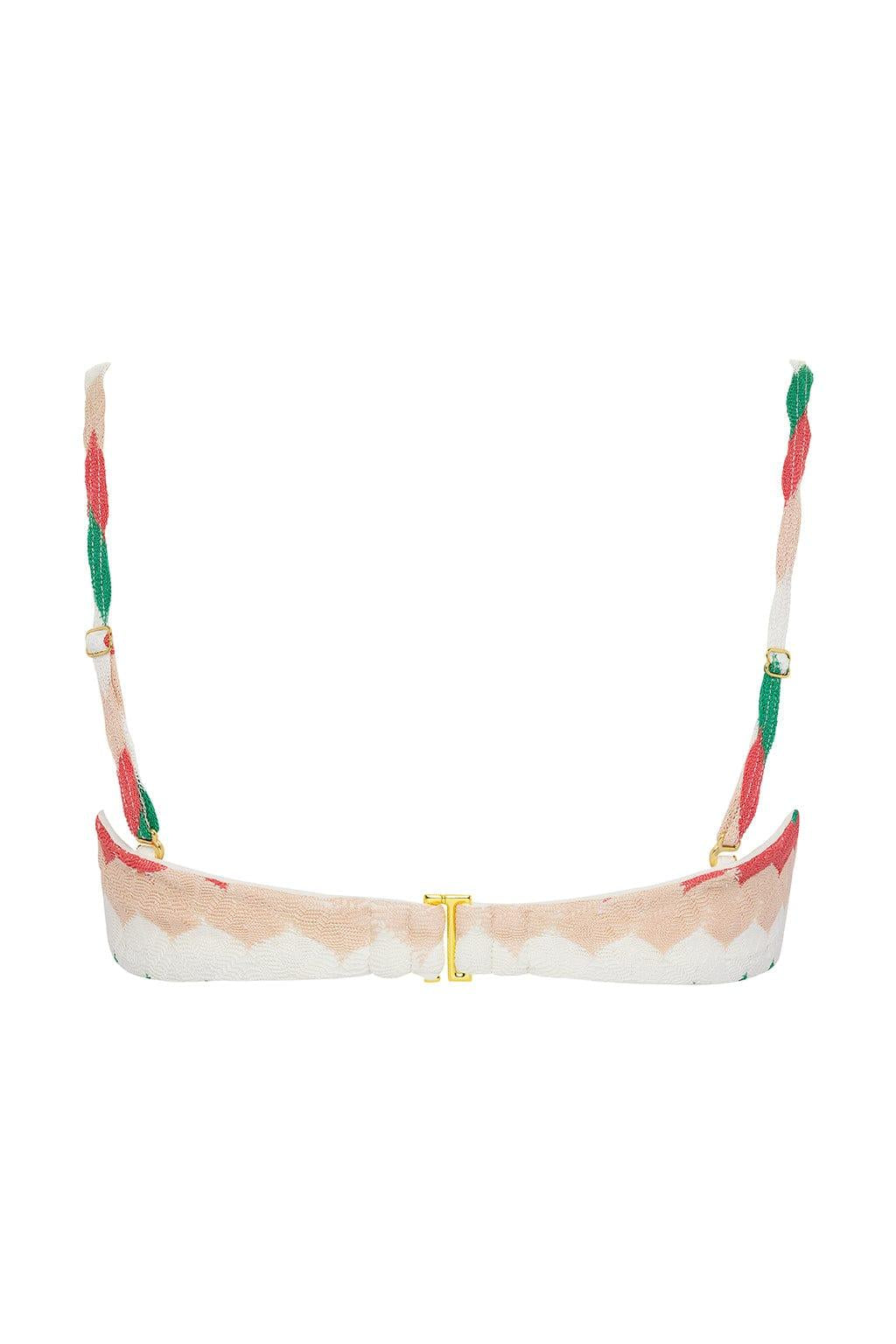 Beige and white bikini top with red and green striped shoulder straps and gold clasp closure.