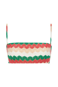 Knit bikini top with red, cream, white, and green horizontal chevron stripes and adjustable shoulder straps.
