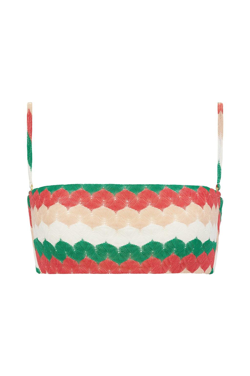 Knit bikini top with red, cream, white, and green horizontal chevron stripes and adjustable shoulder straps.