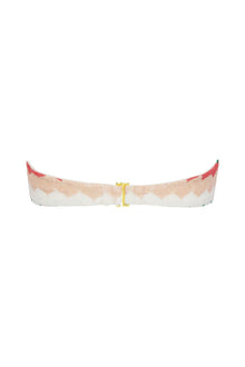 Bikini top with beige and cream striped pattern, red corners, and gold center clasp.