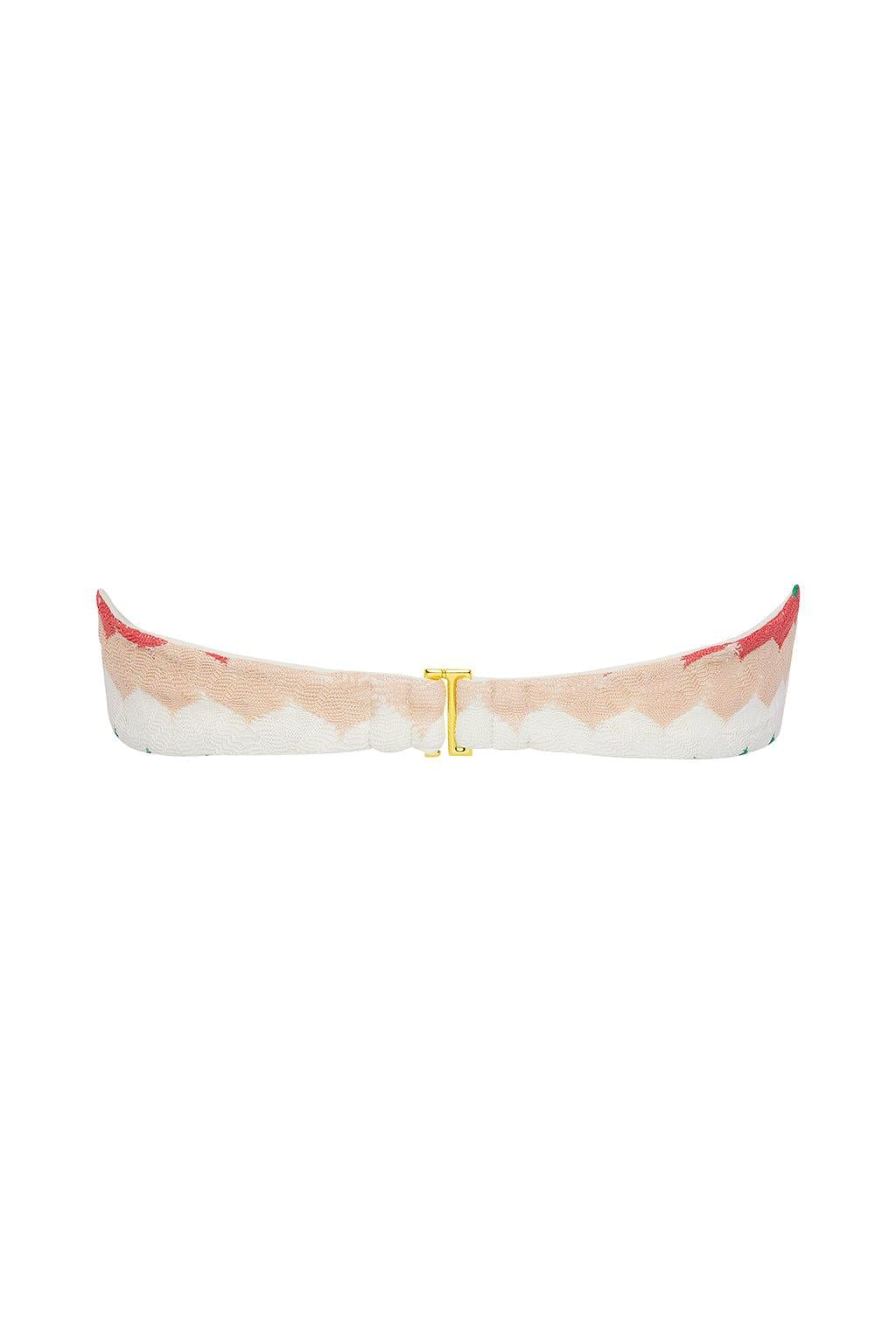 Bikini top with beige and cream striped pattern, red corners, and gold center clasp.