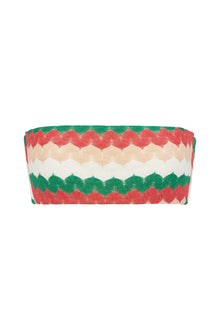 Bandeau bikini top with horizontal stripes in coral, cream, white, and green with textured scalloped edges.
