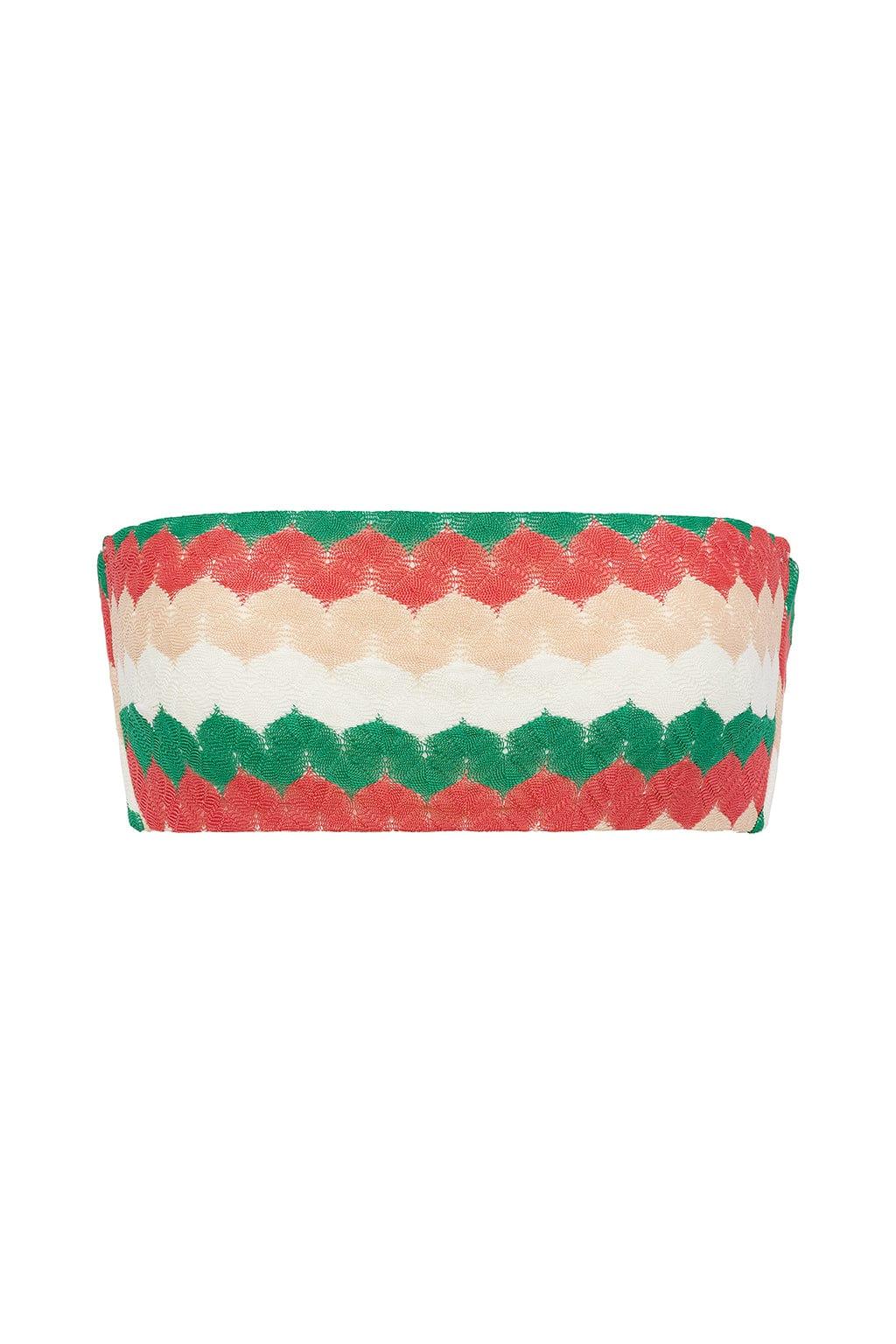 Bandeau bikini top with horizontal stripes in coral, cream, white, and green with textured scalloped edges.