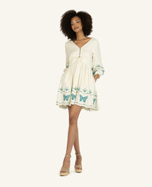 Gia Dress | Antique Creme x Multi Blue Embroidery