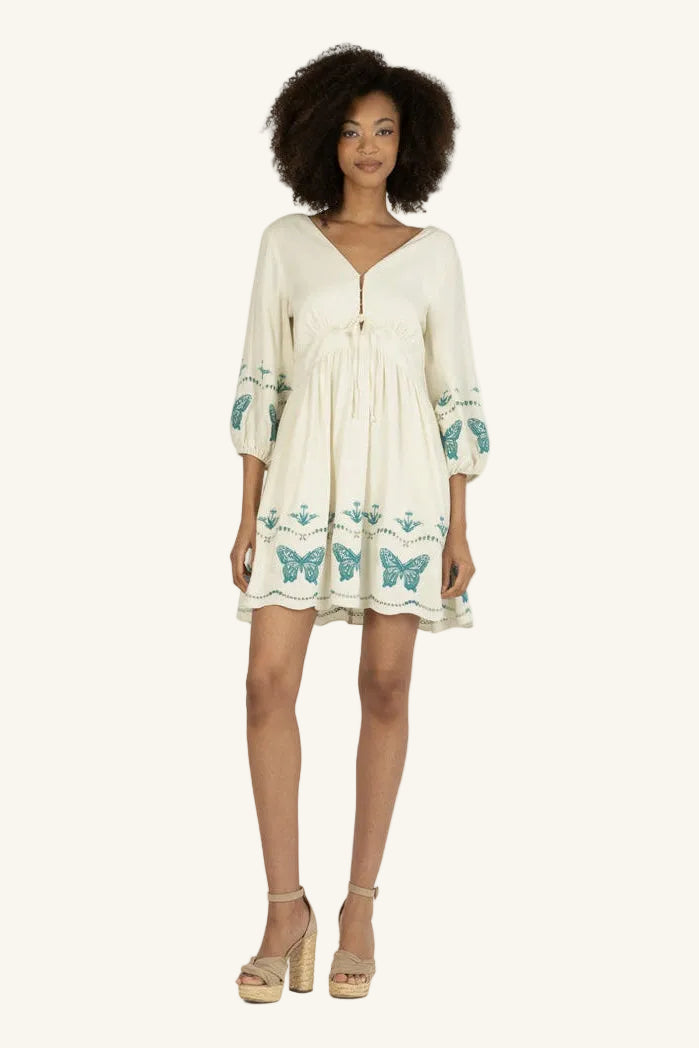 Gia Dress | Antique Creme x Multi Blue Embroidery