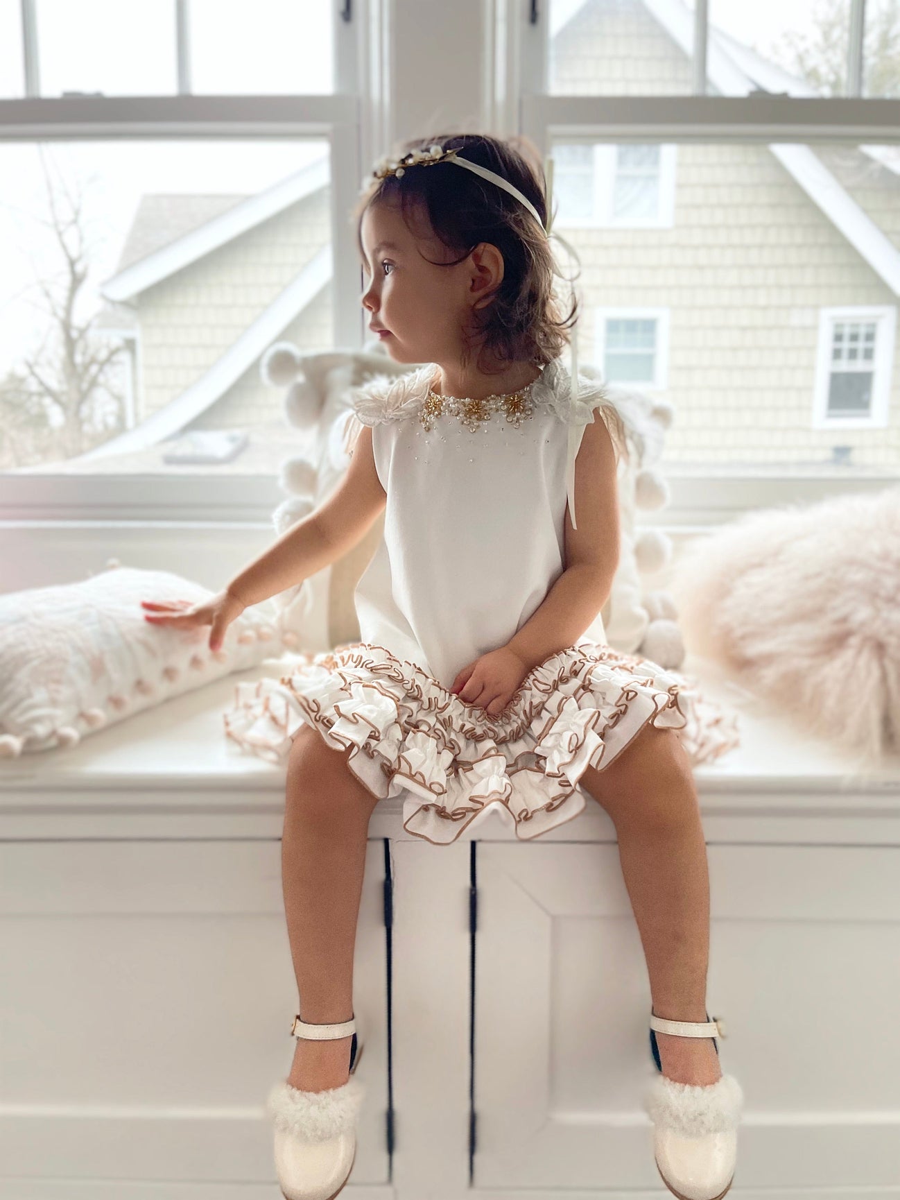 Girl | Angelina Feather Wings Dress | White x Gold